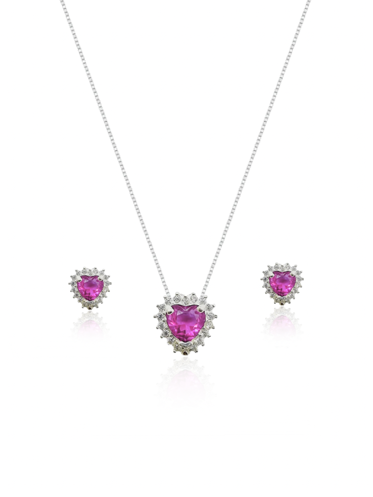 KIT Colar + Brinco, Coração Rose Cravejada (Prata 925)