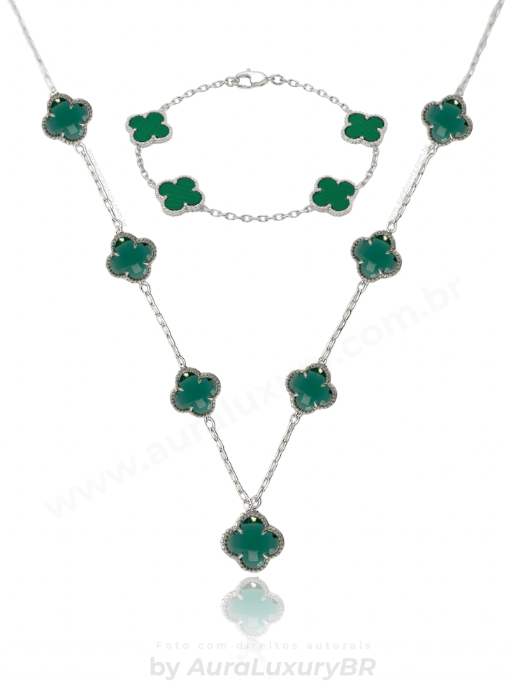 KIT Colar 7 Trevos Verde + Pulseira 4 Trevos (Prata 925)
