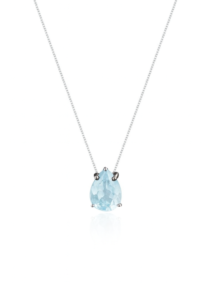 Colar Veneziana Prata 925 Legítima Ponto De Luz Gota Cristal - Azul