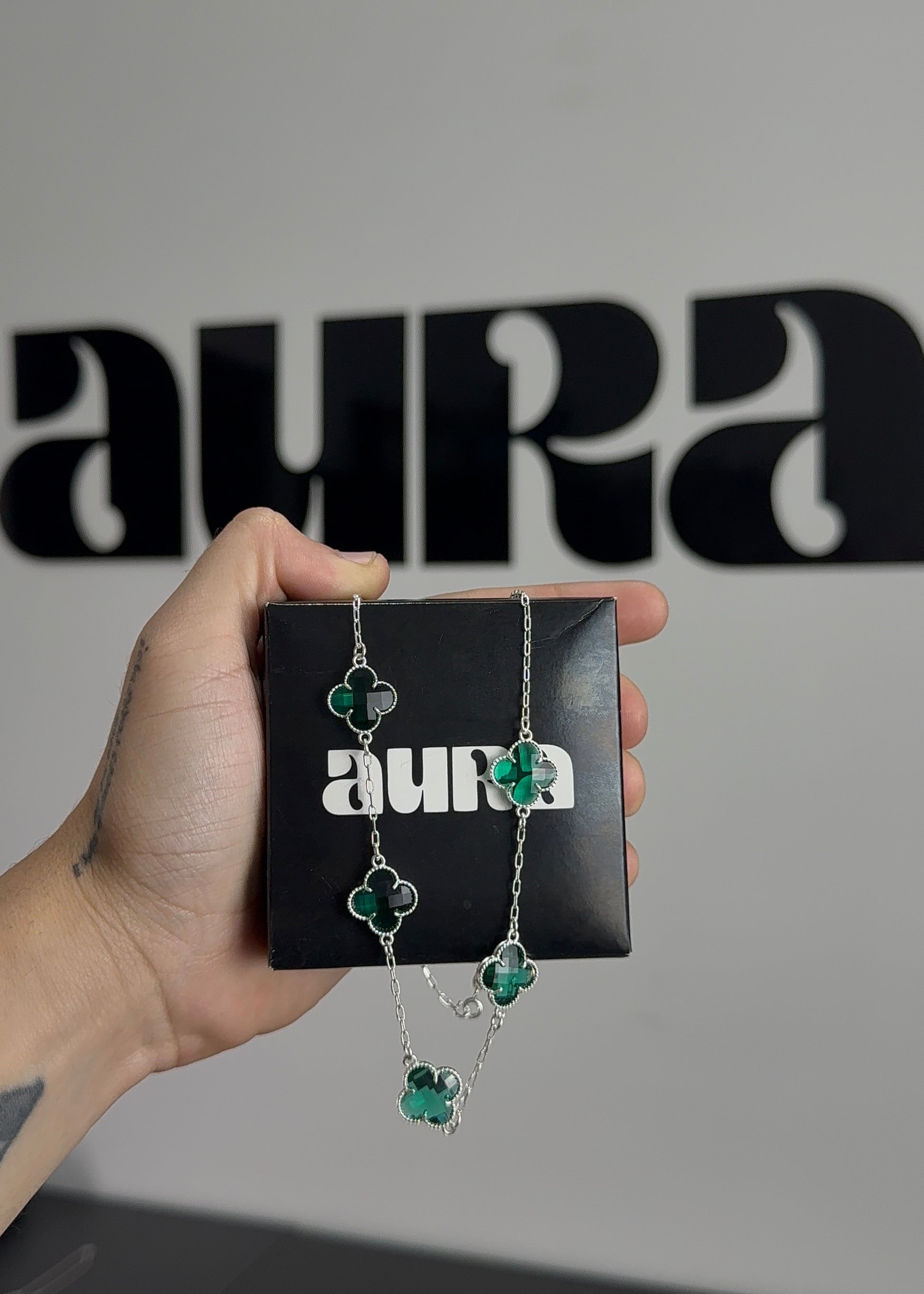 KIT Colar 5 Trevos Verde + Pulseira 3 Trevos (Prata 925)