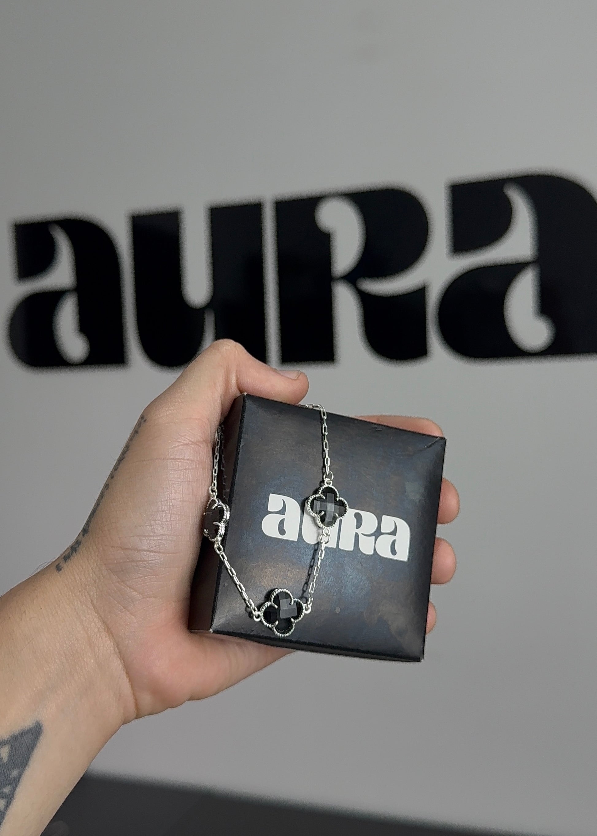 KIT Colar 5 Trevos Preto + Pulseira 3 Trevos (Prata 925)