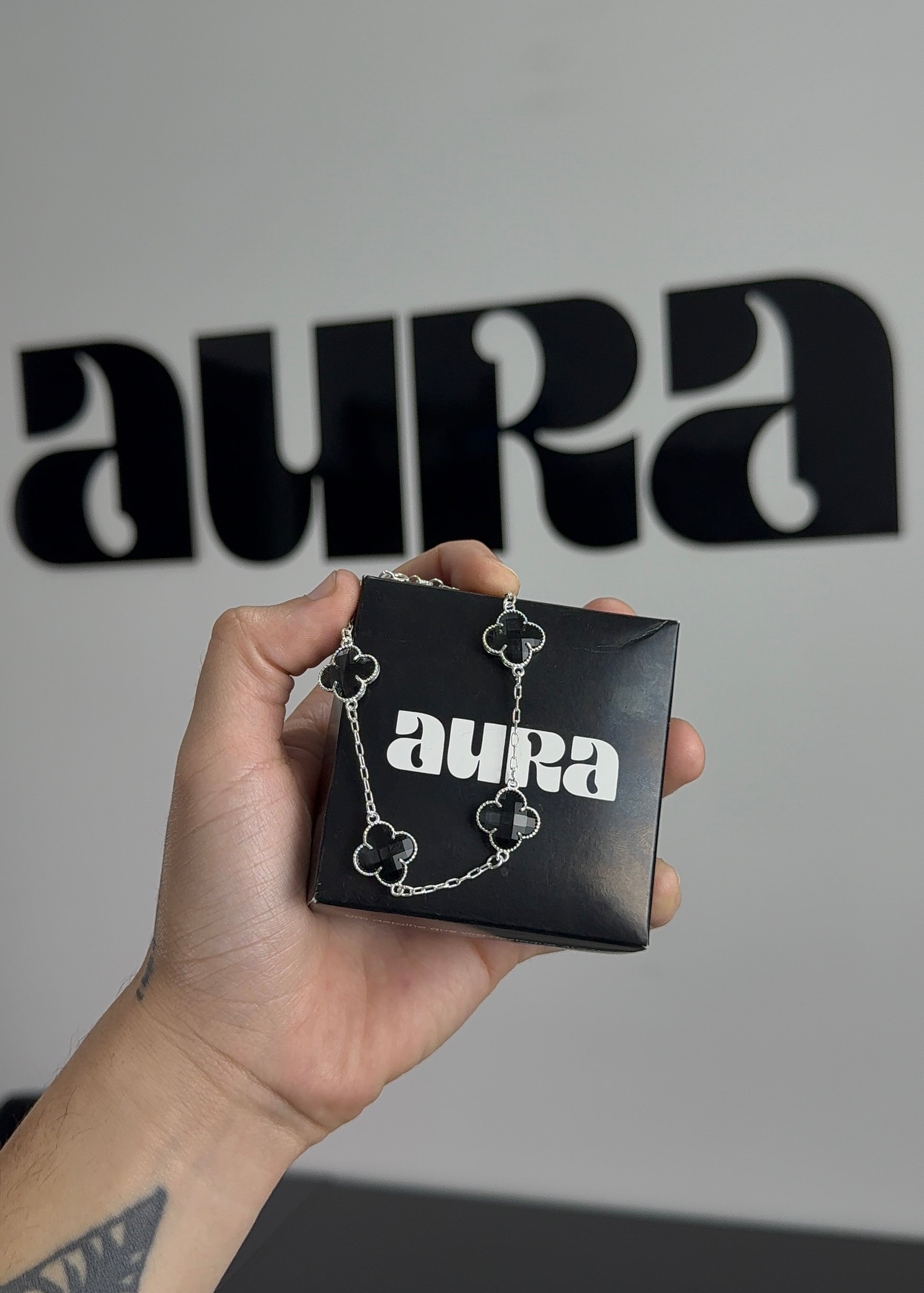KIT Colar 7 Trevos Preto + Pulseira 4 Trevos (Prata 925)