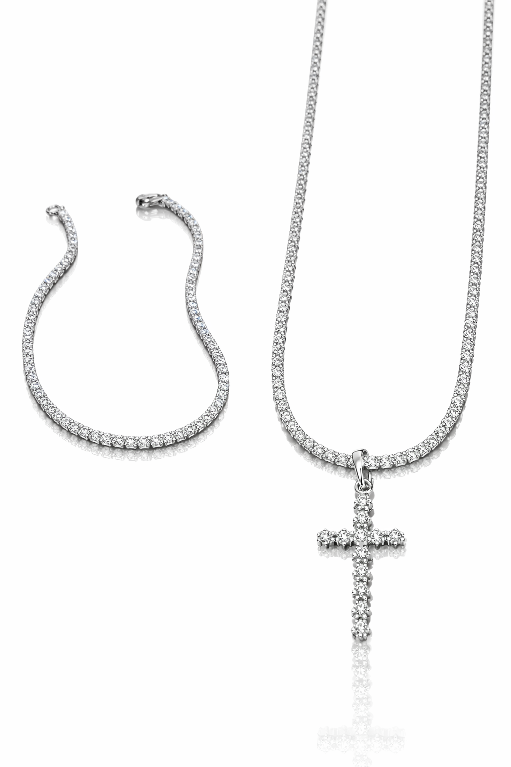 KIT Corrente Riviera 45cm com Cruz Cravejada + Pulseira Riviera (Prata 925)