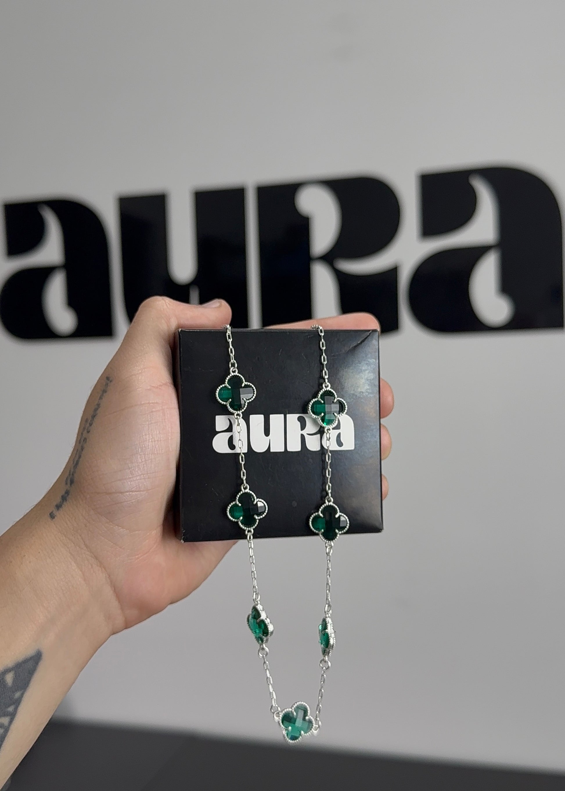 KIT Colar 7 Trevos Verde + Pulseira 4 Trevos (Prata 925)