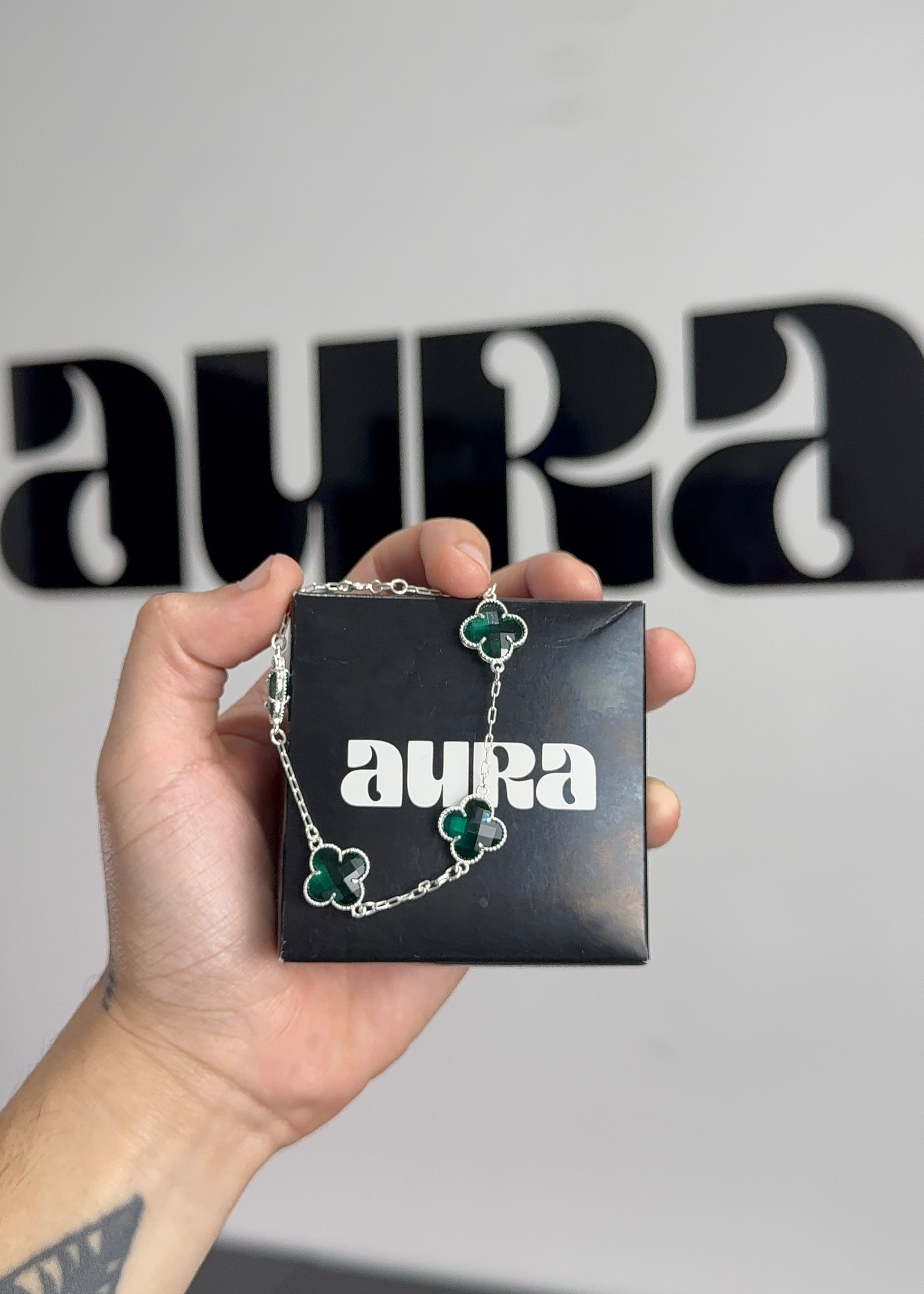 KIT Colar 5 Trevos Verde + Pulseira 3 Trevos (Prata 925)