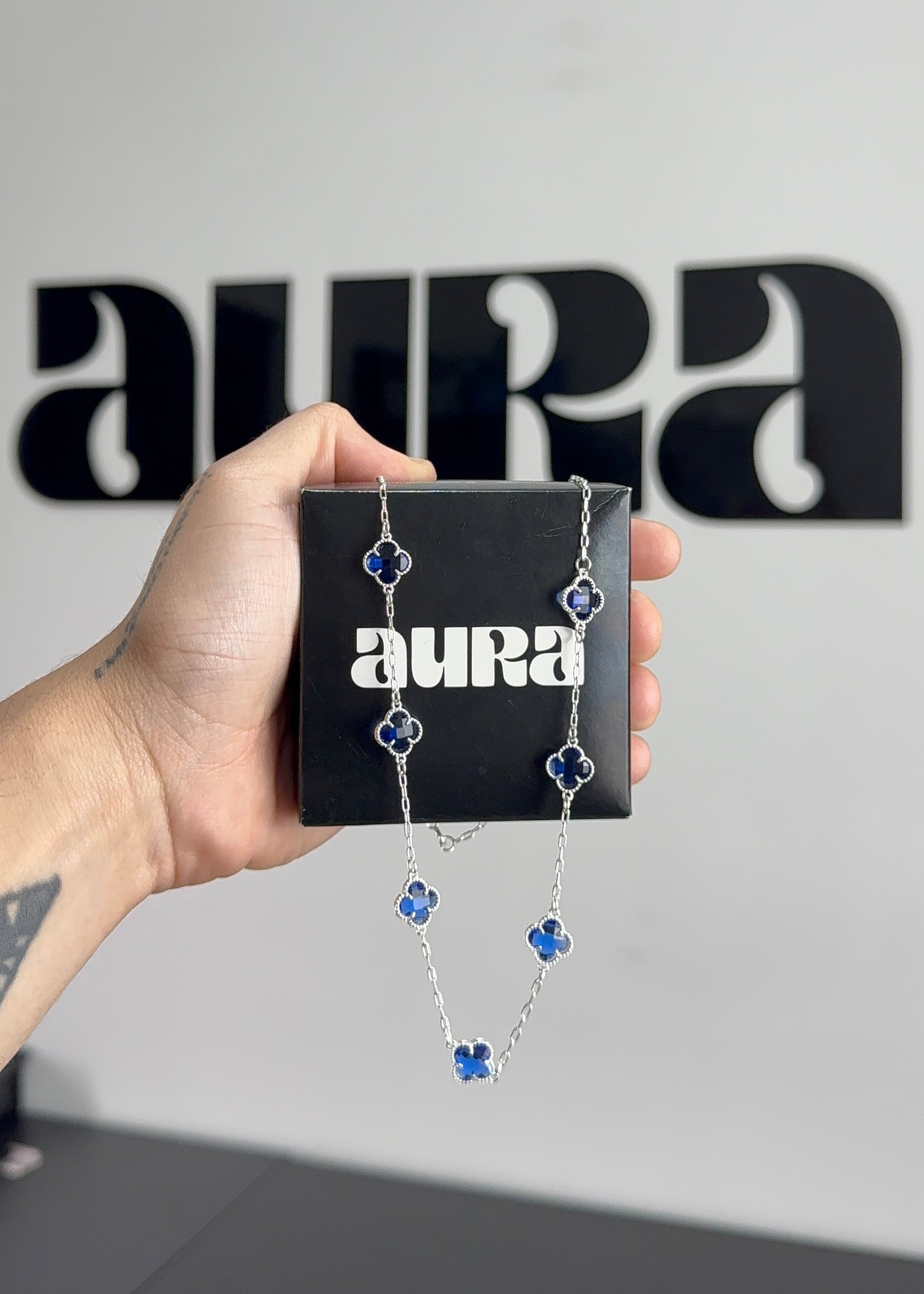 KIT Colar 7 Trevos Azul + Pulseira 4 Trevos (Prata 925)