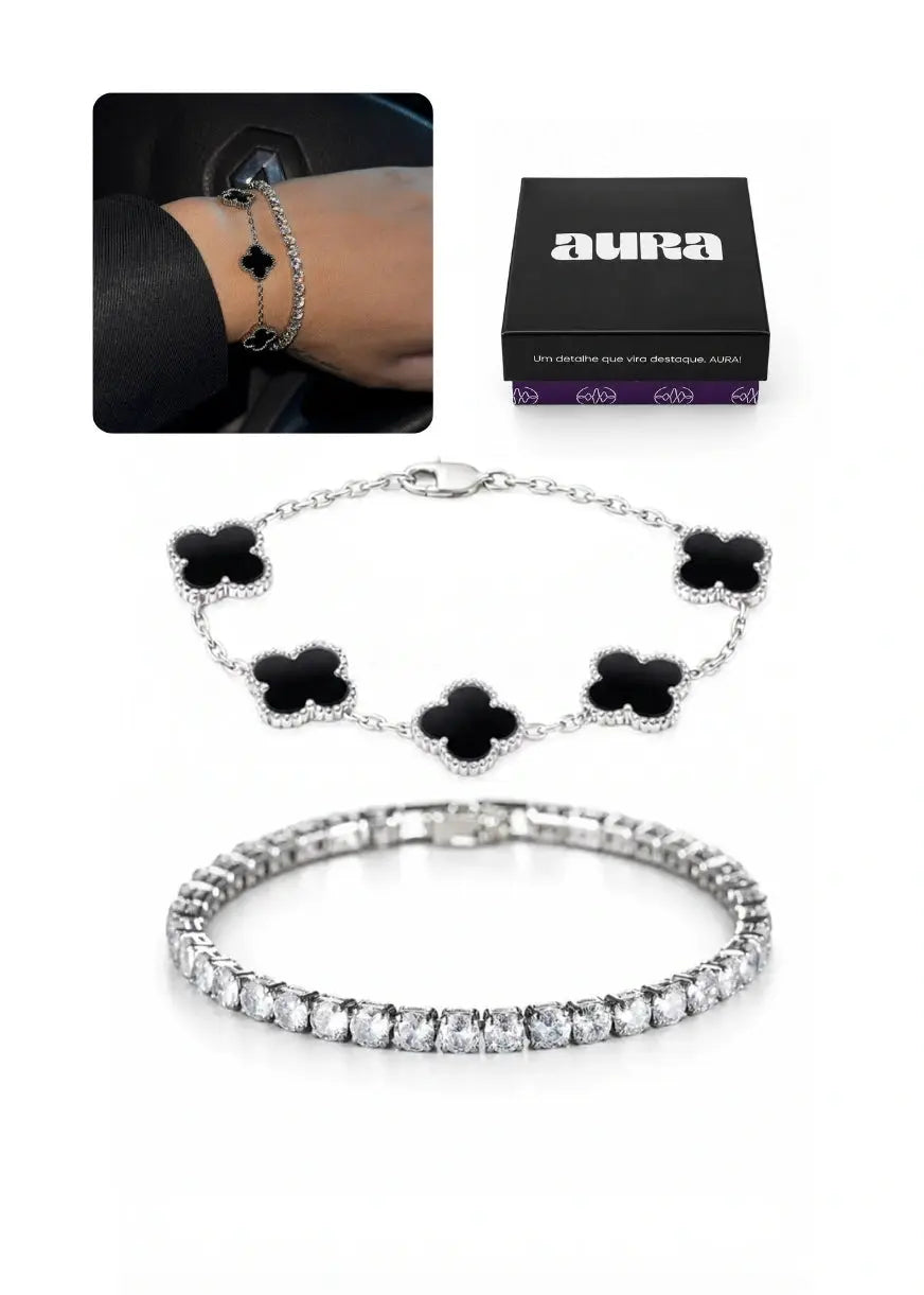 COMBO Pulseira Riviera Zircônia Cristal com 5 Trevos em 4 Cores