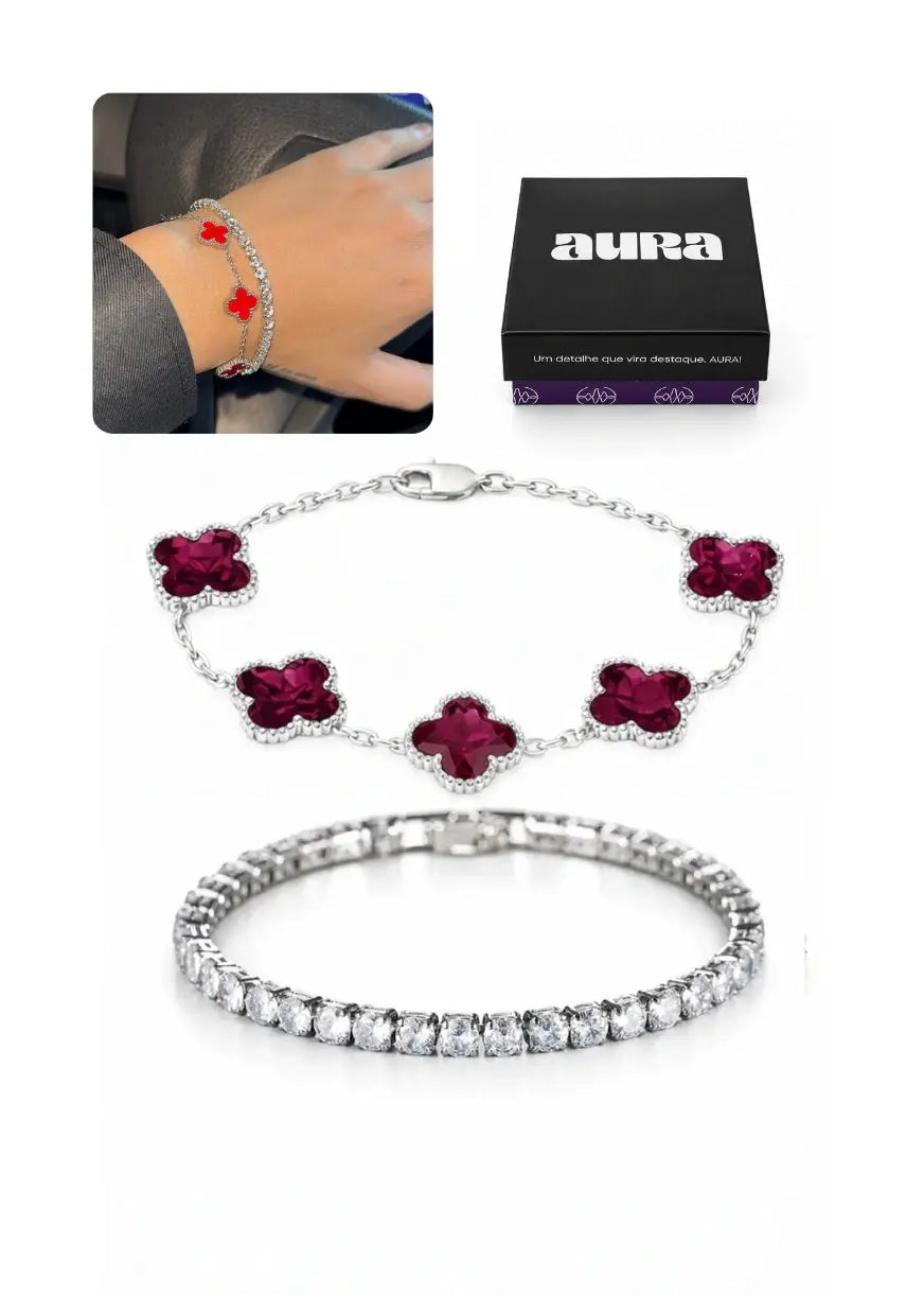 COMBO Pulseira Riviera Zircônia Cristal com 5 Trevos em 4 Cores