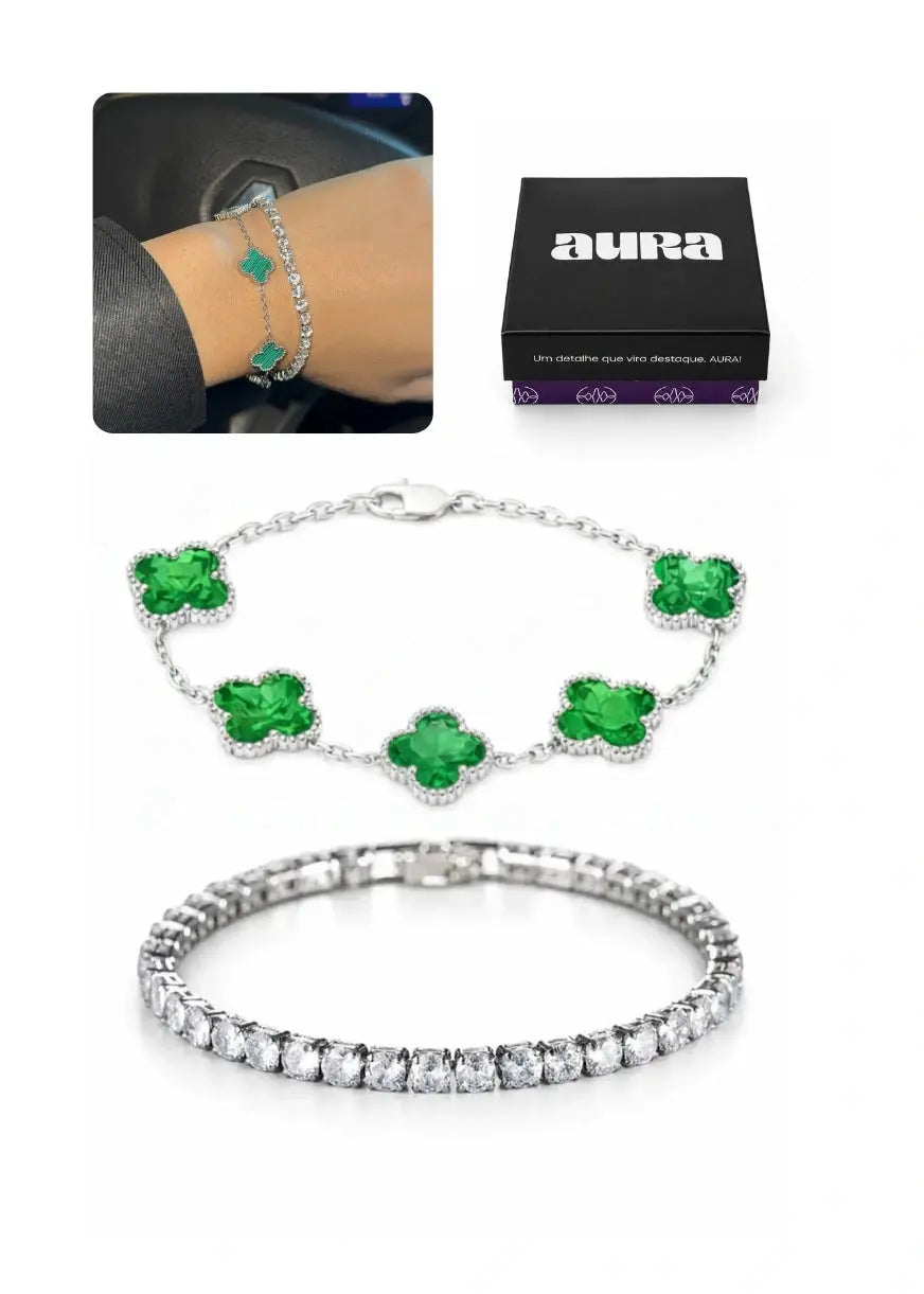 COMBO Pulseira Riviera Zircônia Cristal com 5 Trevos em 4 Cores