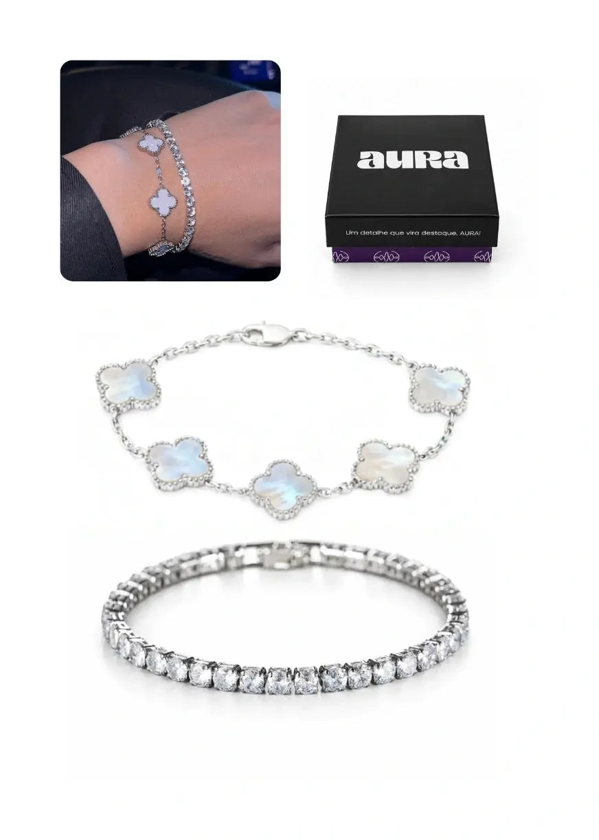 COMBO Pulseira Riviera Zircônia Cristal com 5 Trevos em 4 Cores