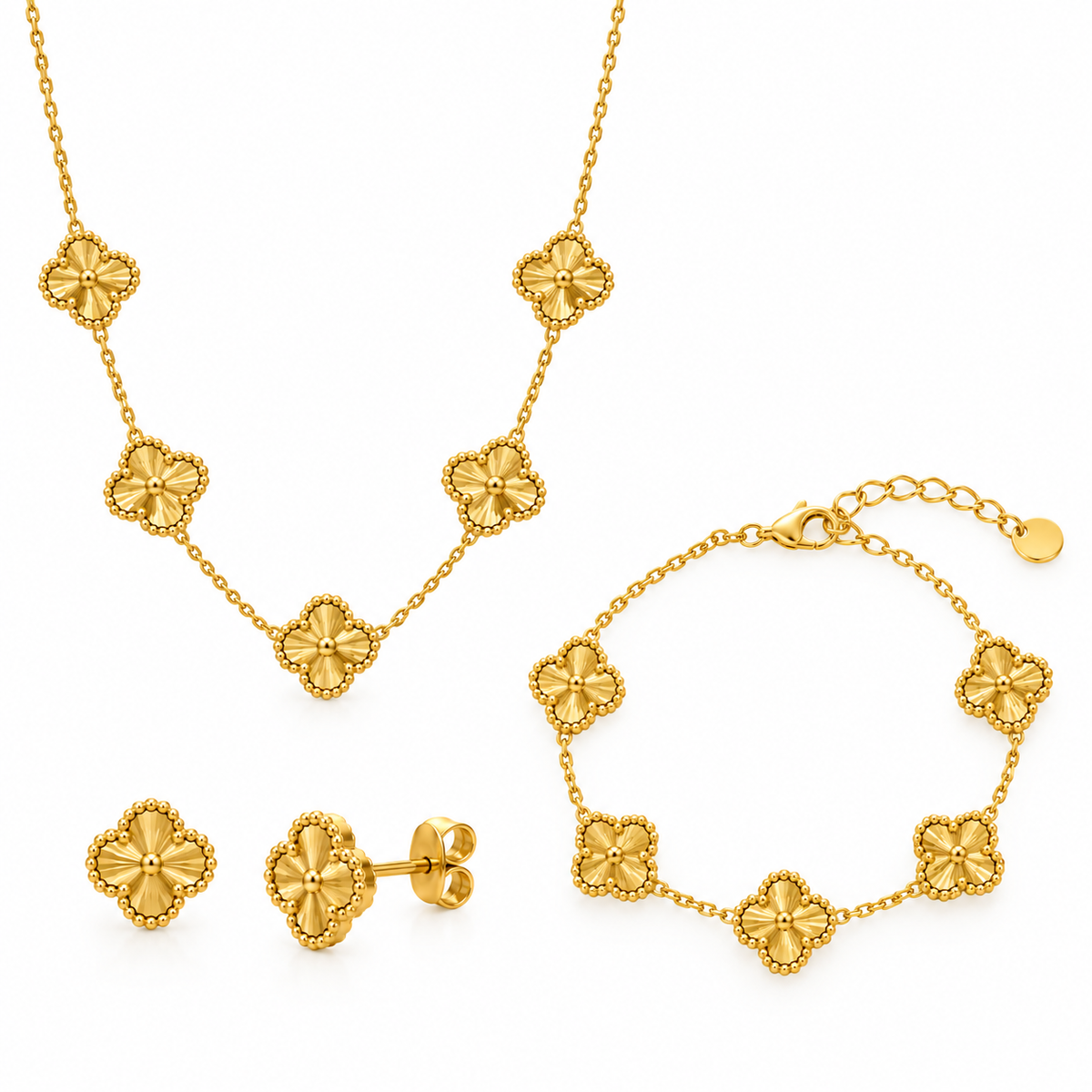 Conjunto Colar + Pulseira + Brinco de 5 Trevos Dourado