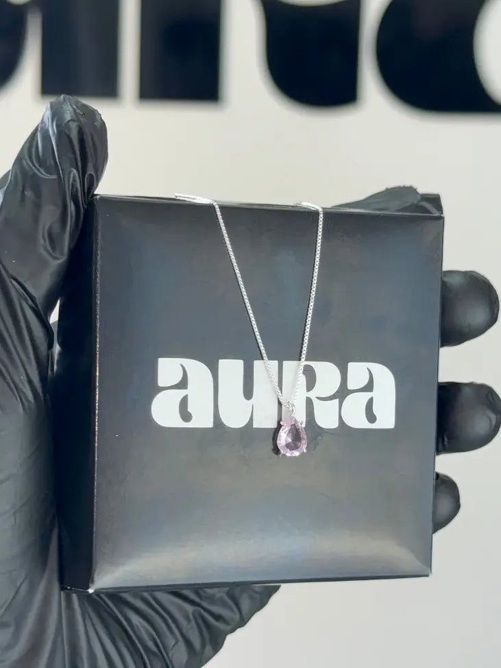 Colar Veneziana Ponto De Luz Gota Cristal - Rosa (Prata 925)