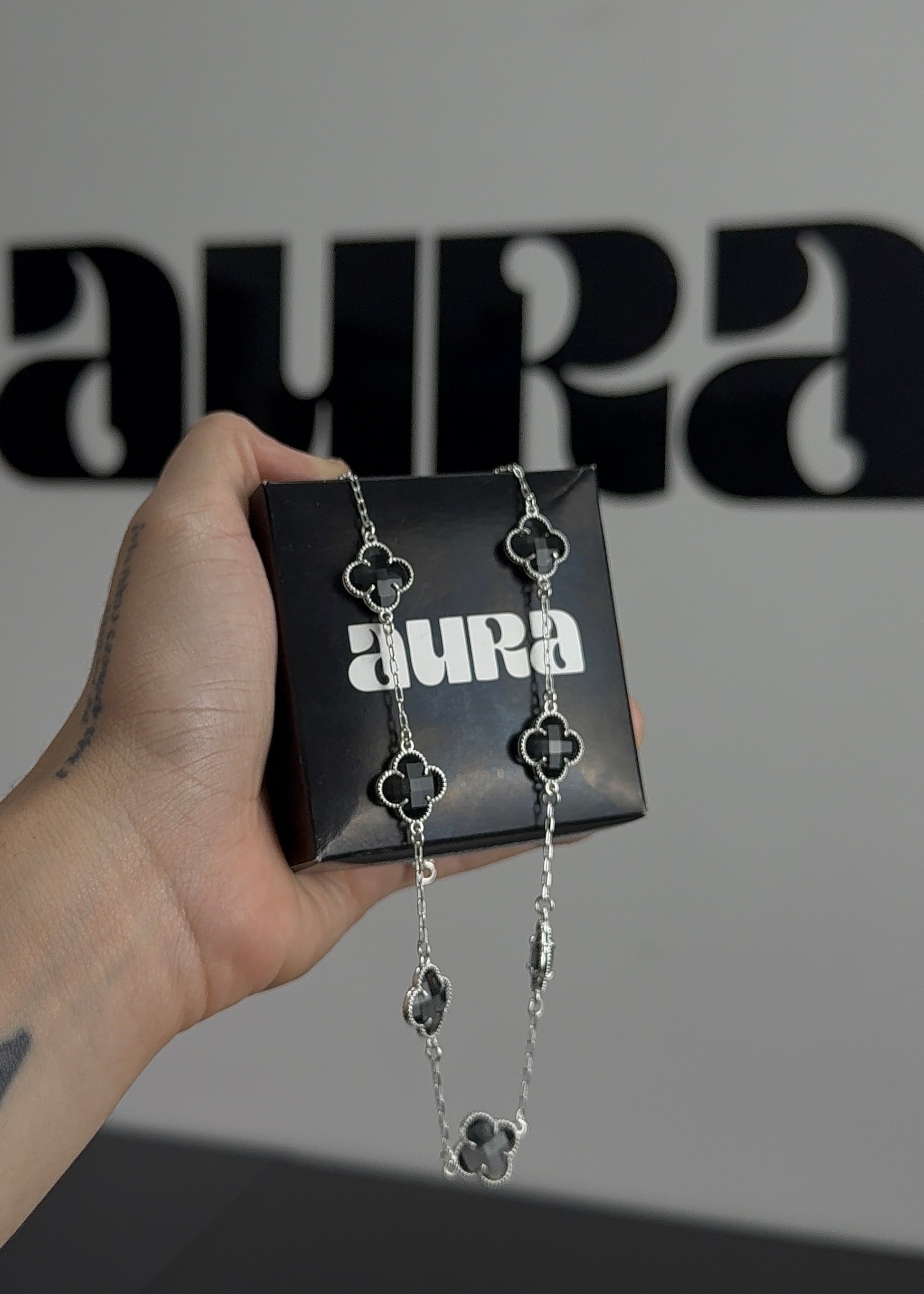 KIT Colar 7 Trevos Preto + Pulseira 4 Trevos (Prata 925)
