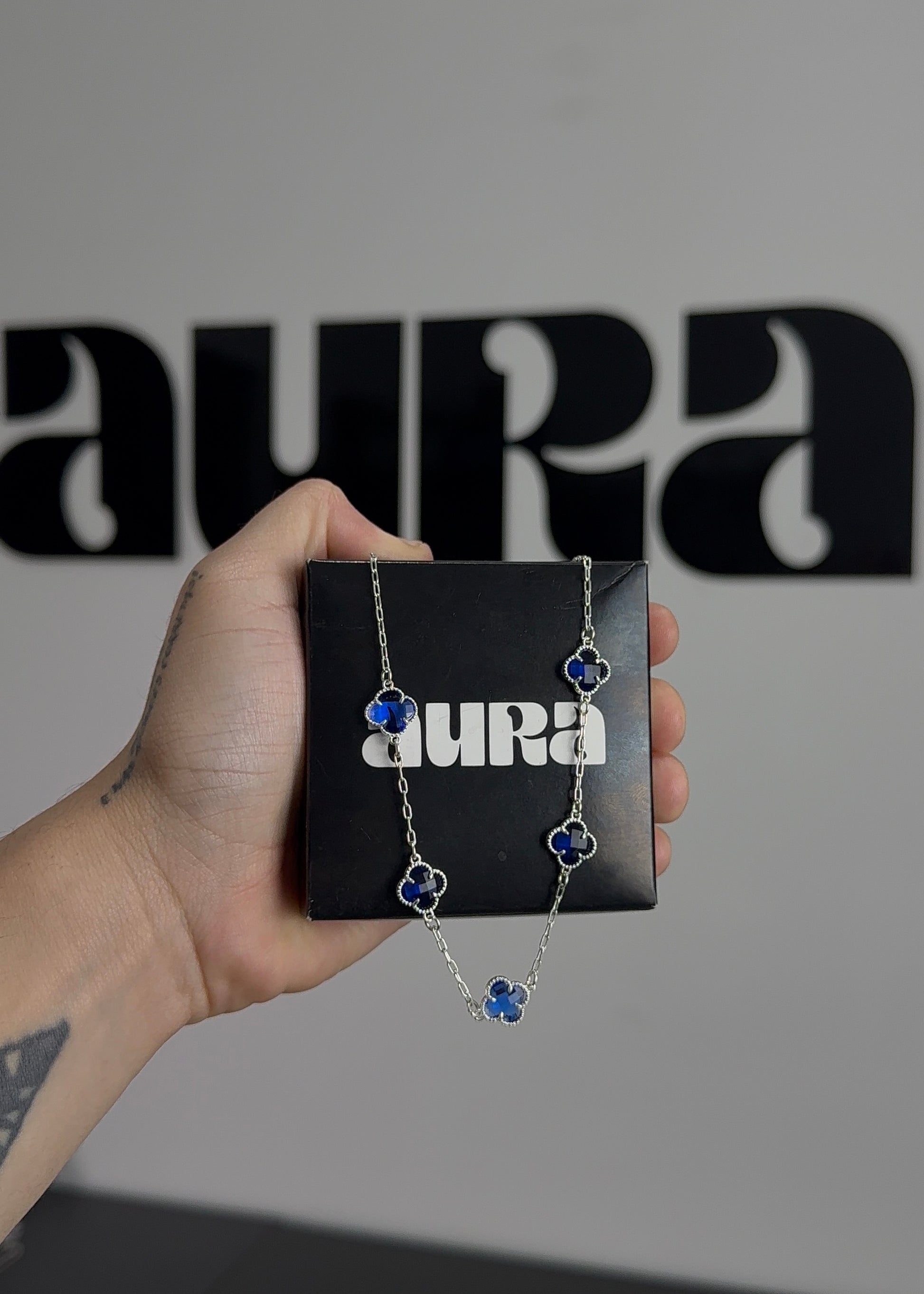 KIT Colar 5 Trevos Azul + Pulseira 3 Trevos (Prata 925)