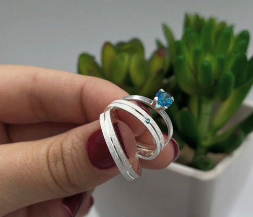 Aliança Frisada Pedra Azul em 3MM + Anel Solitário (Brinde) + Gravação Grátis