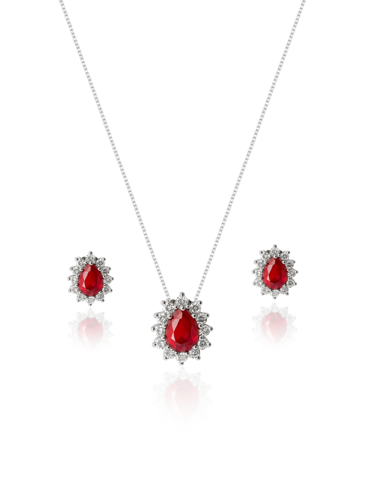KIT Colar + Brinco, Gota Vermelho Cravejada (Prata 925)