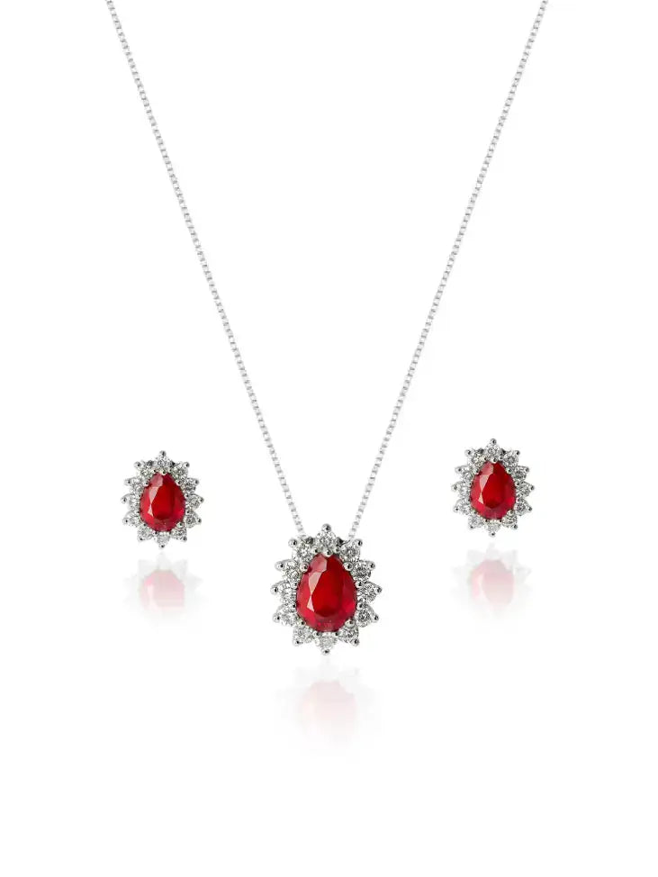 Conjunto de joias em prata 925 com rubi vermelho e zircônias, colar e brincos com design elegante