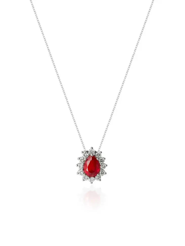 Colar em prata 925 com pingente de rubi vermelho e detalhes em zircônias, design exclusivo e acabamento premium