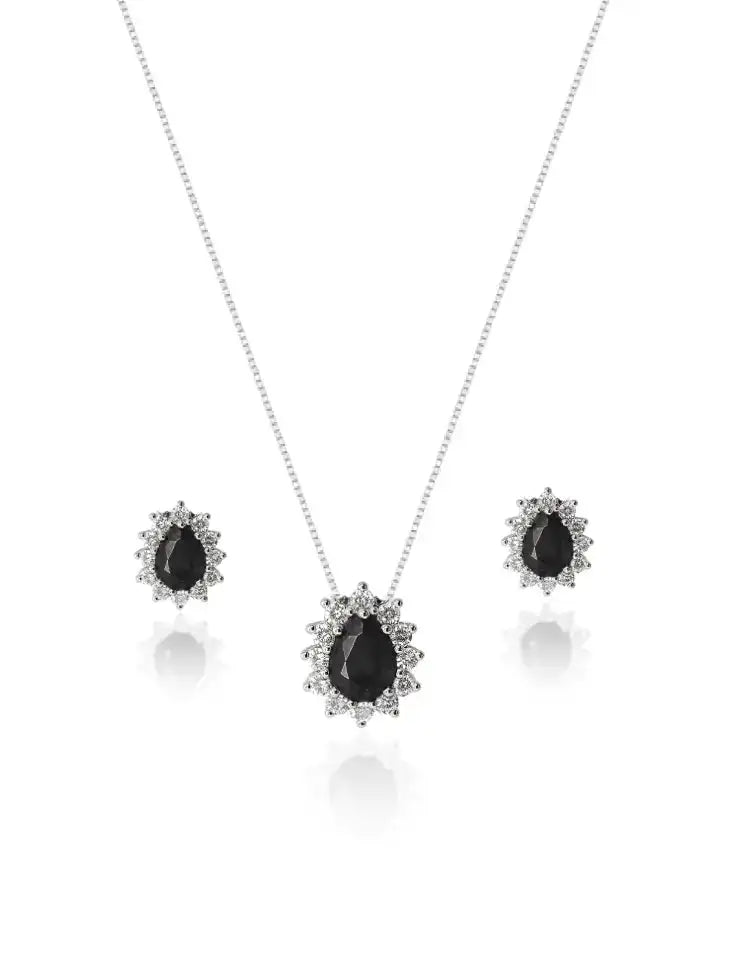 Conjunto de joias em prata 925 com pedra preta e detalhes brilhantes, colar e brincos elegantes