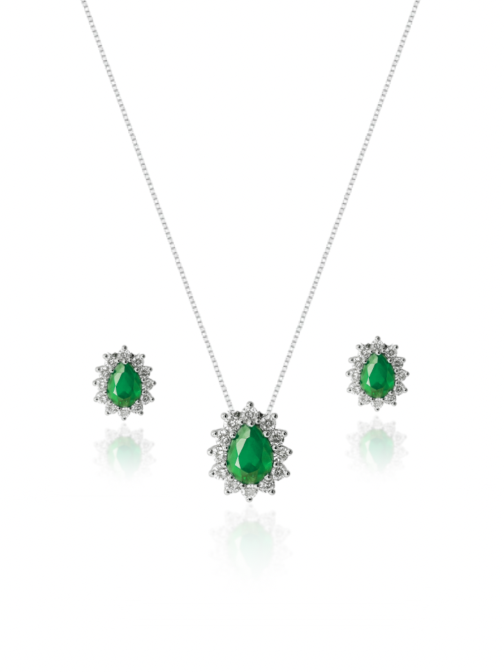 KIT Colar + Brinco, Gota Verde Cravejada (Prata 925)