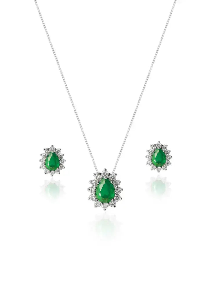 Conjunto de joias em prata 925 com esmeraldas e zircônias, colar e brincos com design exclusivo