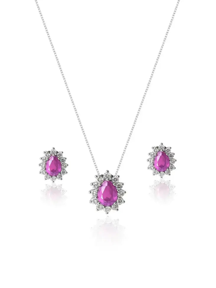 Conjunto de joias em prata 925 com pedra rosa e detalhes brilhantes, colar e brincos elegantes