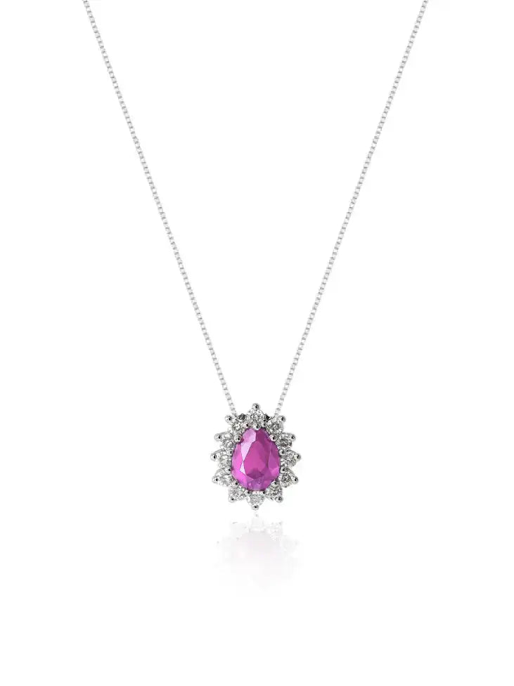 Colar em prata 925 com pingente de pedra rosa e detalhes em cristais, design exclusivo e acabamento premium