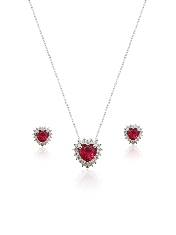 KIT Colar + Brinco, Coração Vermelho Cravejada (Prata 925)