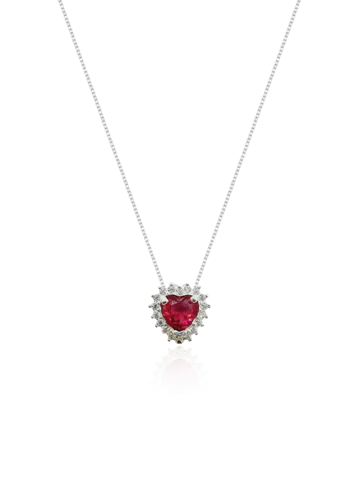 Colar Gargantilha, Coração Vermelho Cravejada (Prata 925)