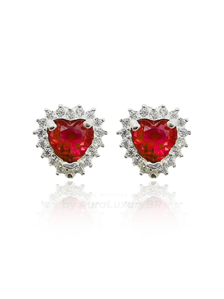 Brinco Coração Vermelho Cravejada (Prata 925) (2X1)