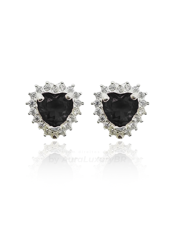 Brinco Coração Preto Cravejada (Prata 925) (2X1)