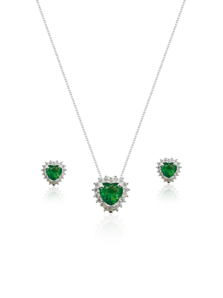 KIT Colar + Brinco, Coração Verde Cravejada (Prata 925) (2X1)