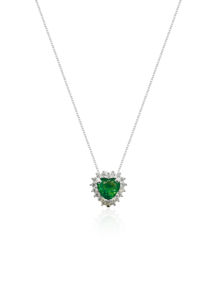 Colar Gargantilha, Coração Verde Cravejada (Prata 925)