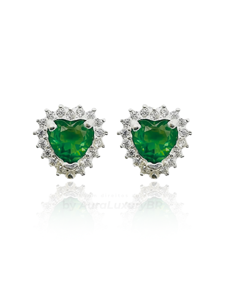 Brinco Coração Verde Cravejada (Prata 925)