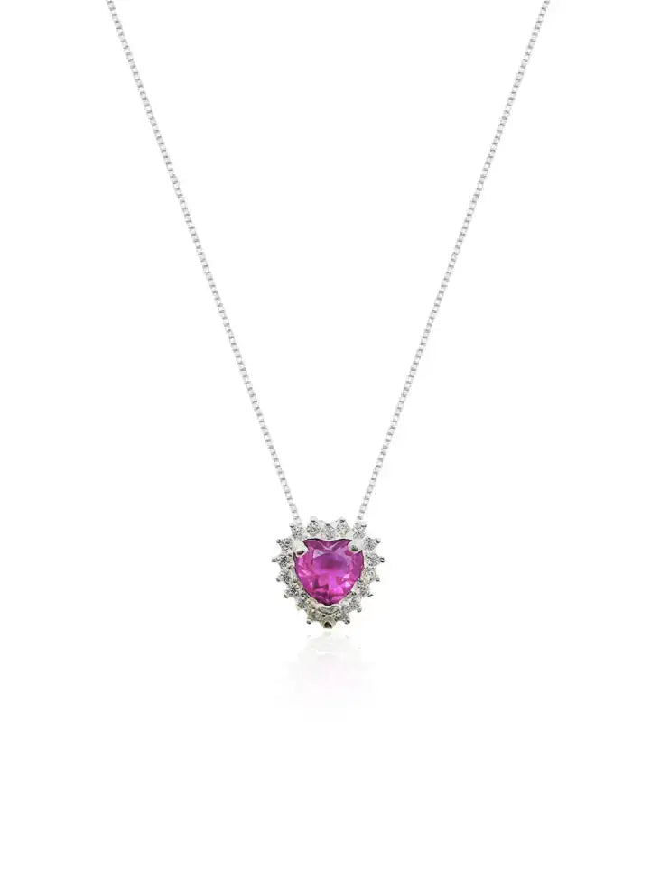 Colar em prata 925 com pingente de coração rosa e detalhes em zircônias brilhantes