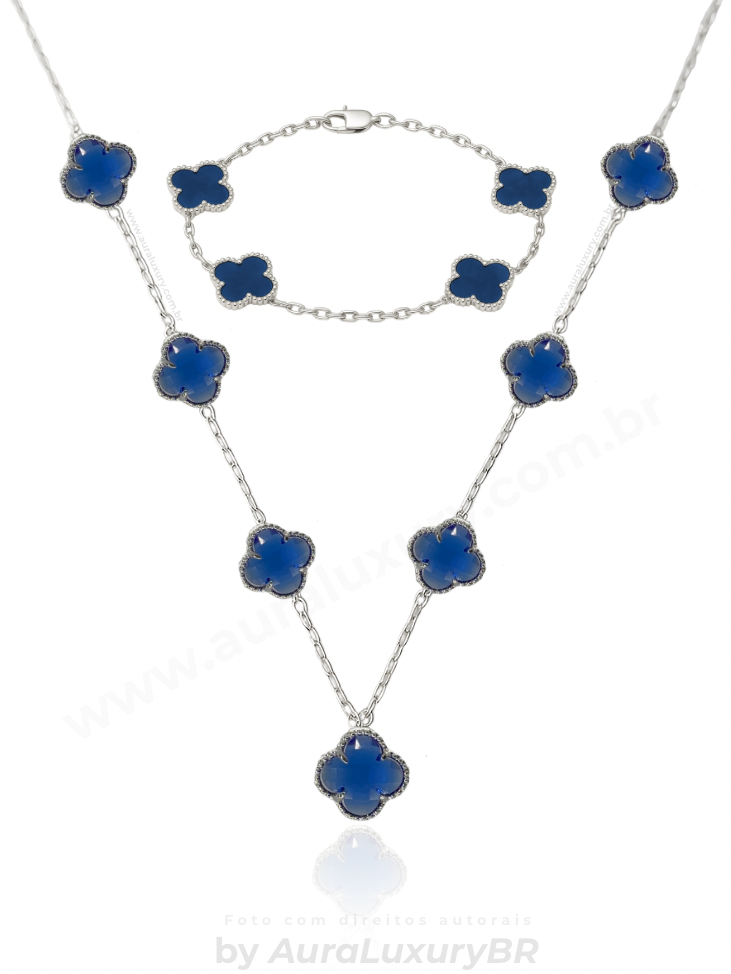 KIT Colar 7 Trevos Azul + Pulseira 4 Trevos (Prata 925)