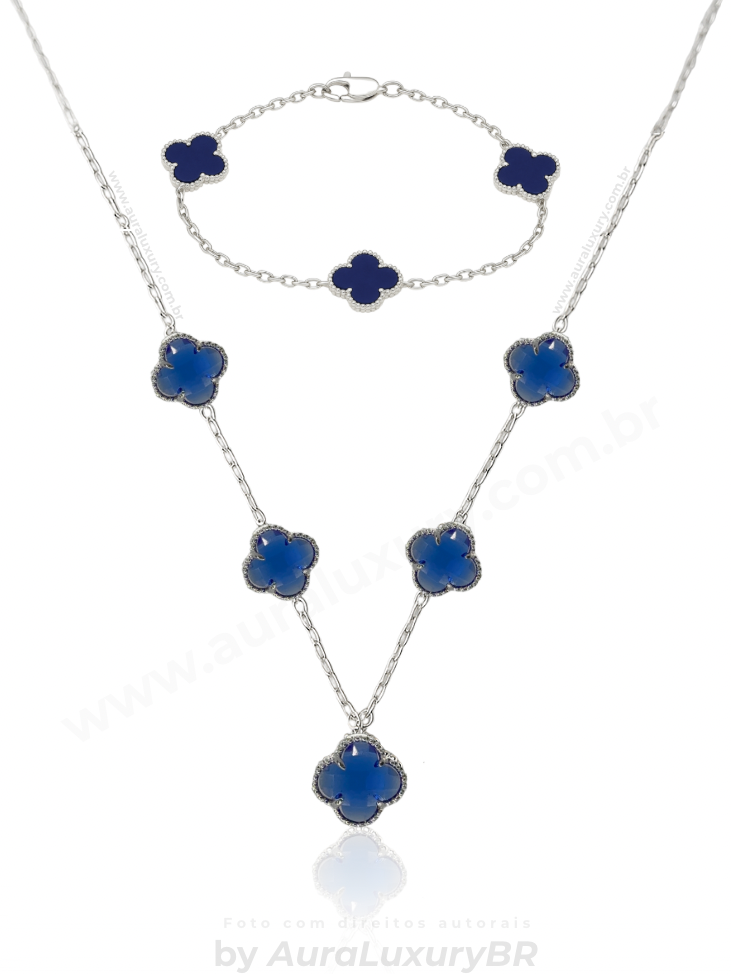 KIT Colar 5 Trevos Azul + Pulseira 3 Trevos (Prata 925)