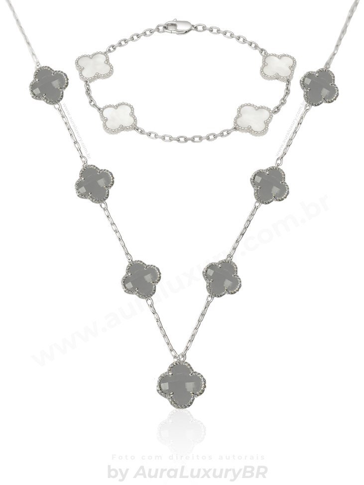 KIT Colar 7 Trevos Cristal + Pulseira 4 Trevos (Prata 925)