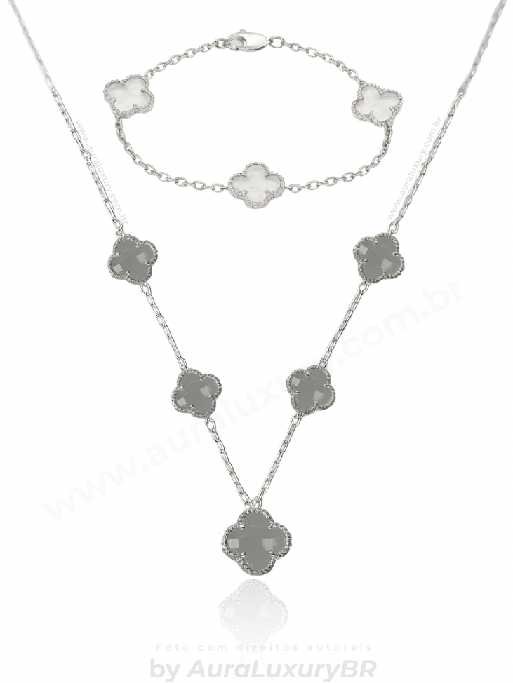 KIT Colar 5 Trevos Cristal + Pulseira 3 Trevos (Prata 925)