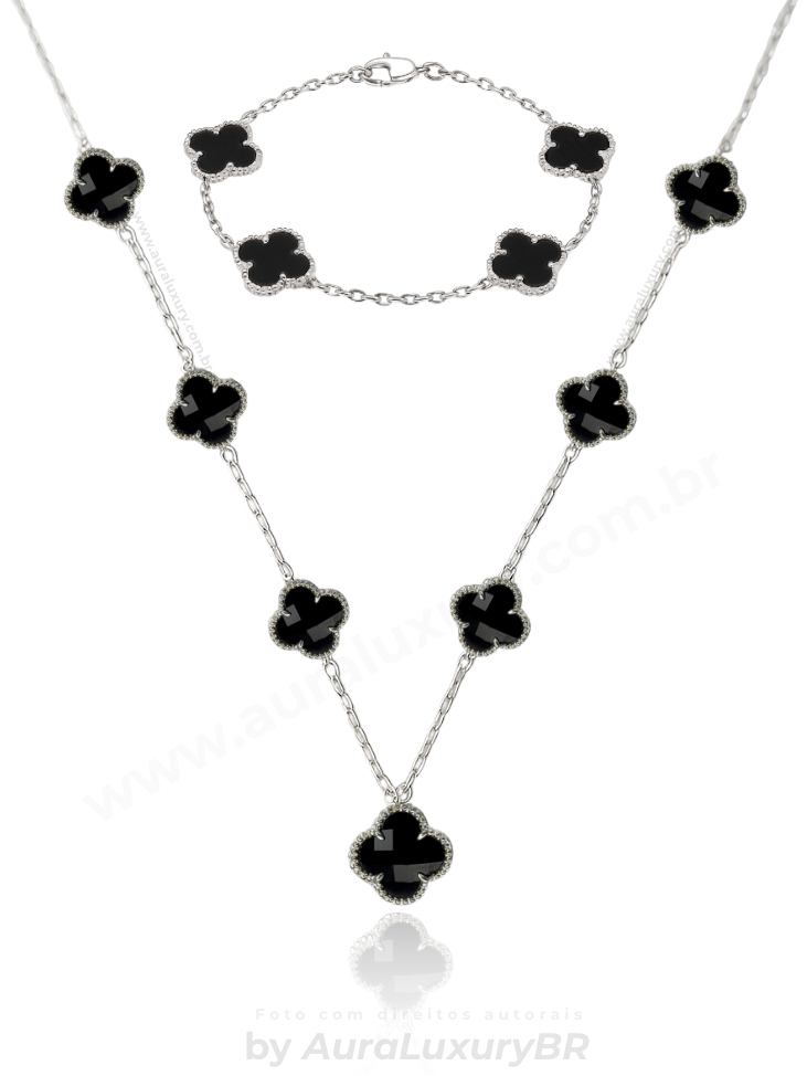 KIT Colar 7 Trevos Preto + Pulseira 4 Trevos (Prata 925)