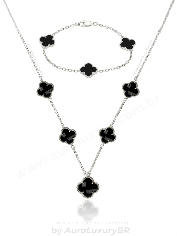 KIT Colar 5 Trevos Preto + Pulseira 3 Trevos (Prata 925)