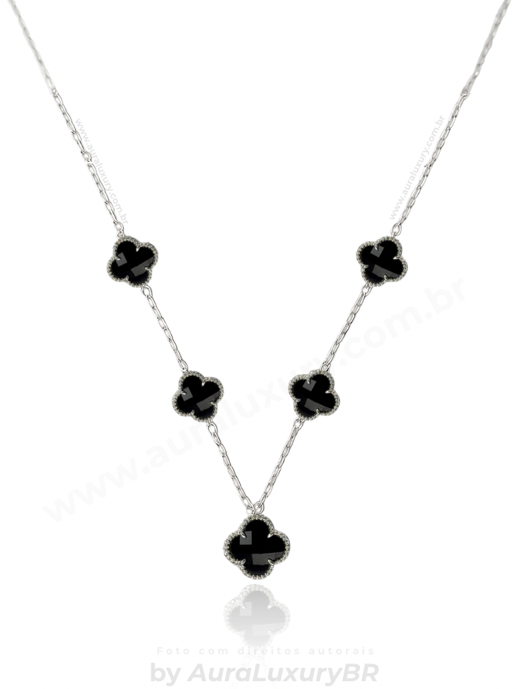 Colar 5 Trevos Preto (Prata 925)