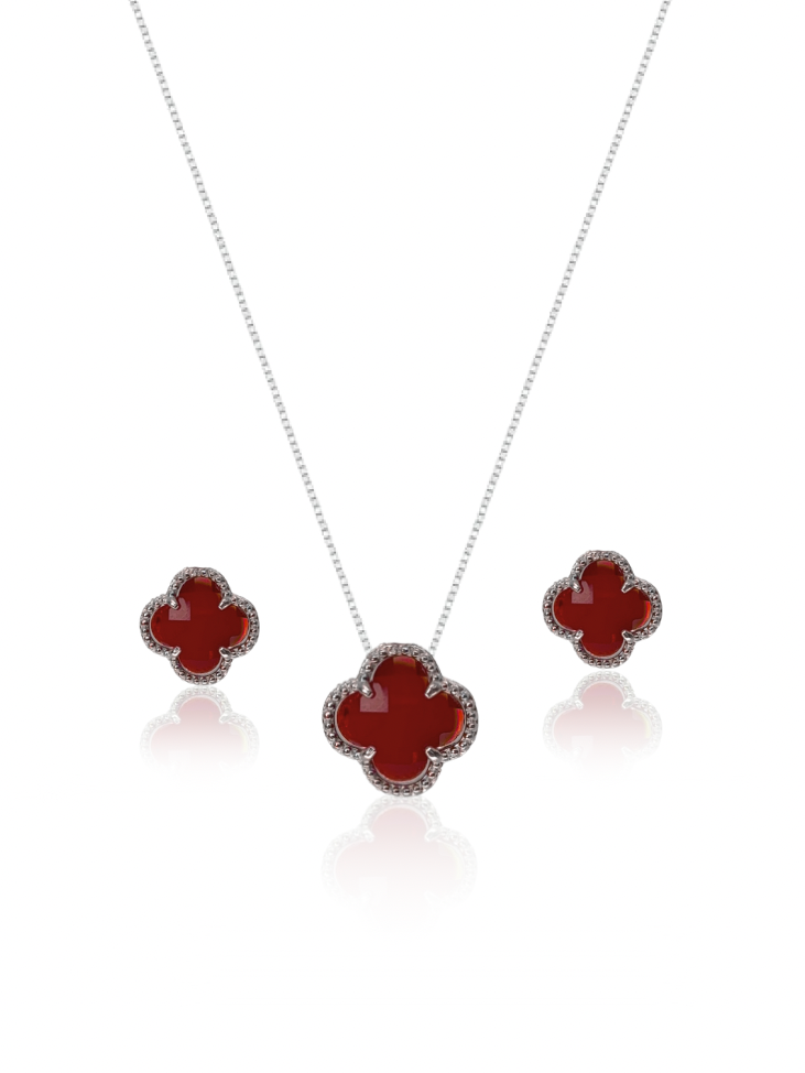 Colar Gargantilha Trevo Vermelho + Par de Brinco Trevo Vermelho