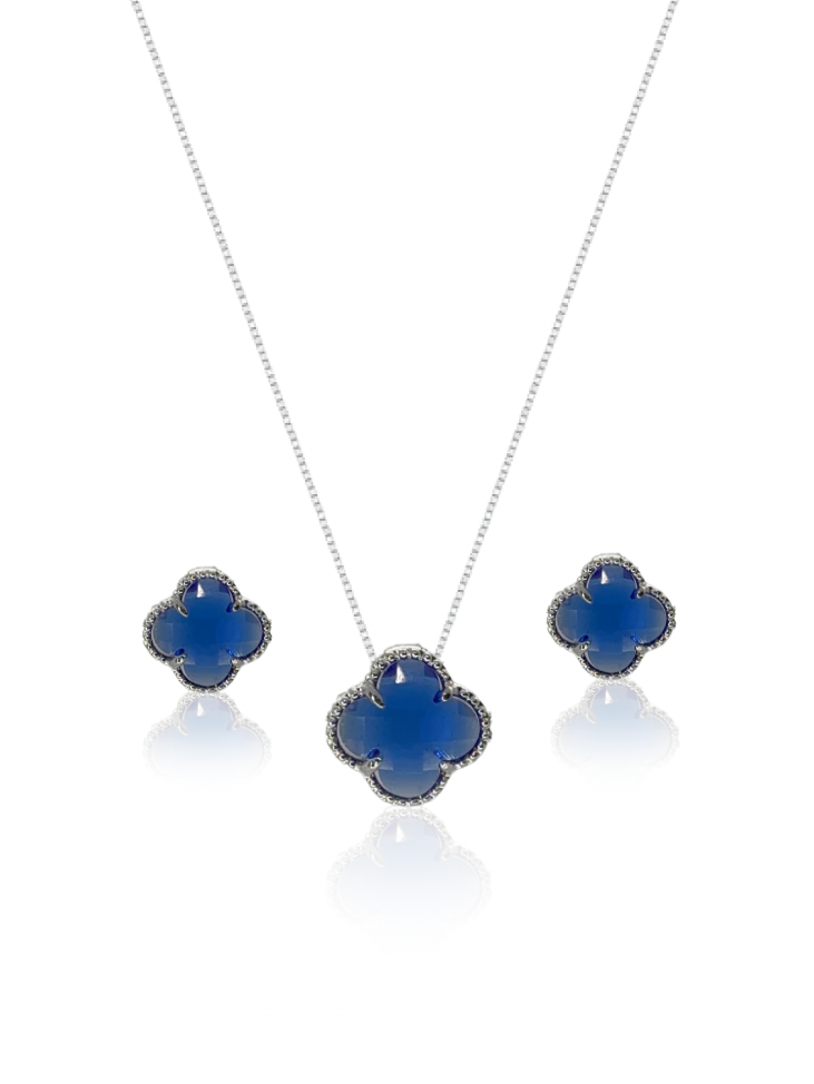 Colar Gargantilha Trevo Azul + Par de Brinco Trevo Azul (Prata 925) (2X1)