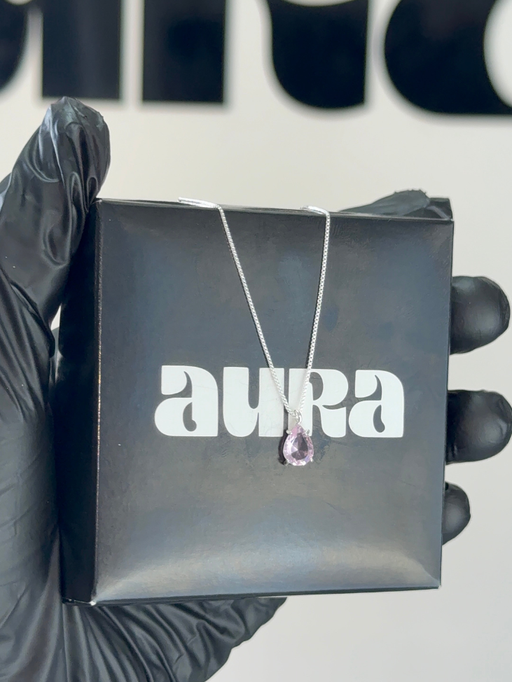 Colar Veneziana Prata 925 Legítima Ponto De Luz Gota Cristal - Rosa