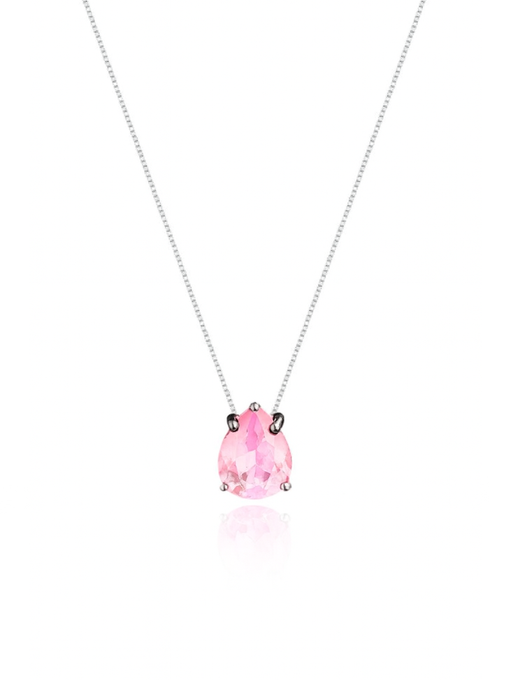 Colar Veneziana Prata 925 Legítima Ponto De Luz Gota Cristal - Rosa