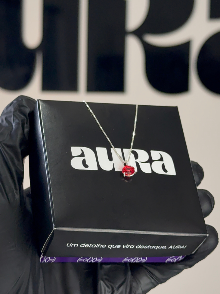 Colar Veneziana Prata 925 Legítima Ponto De Luz Cristal - Vermelho